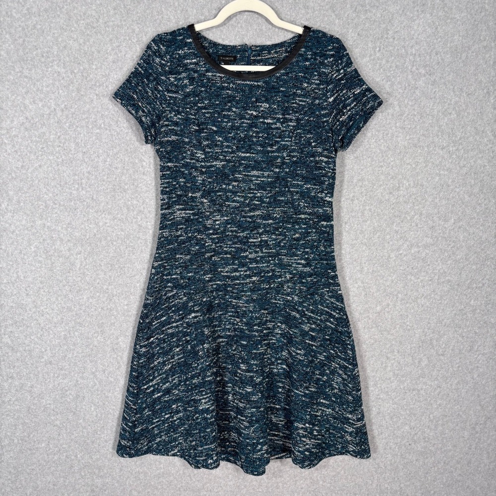 Talbots Tweed Dress Size‎ 8 Teal Leather Trim Old Money Preppy Academia Royal